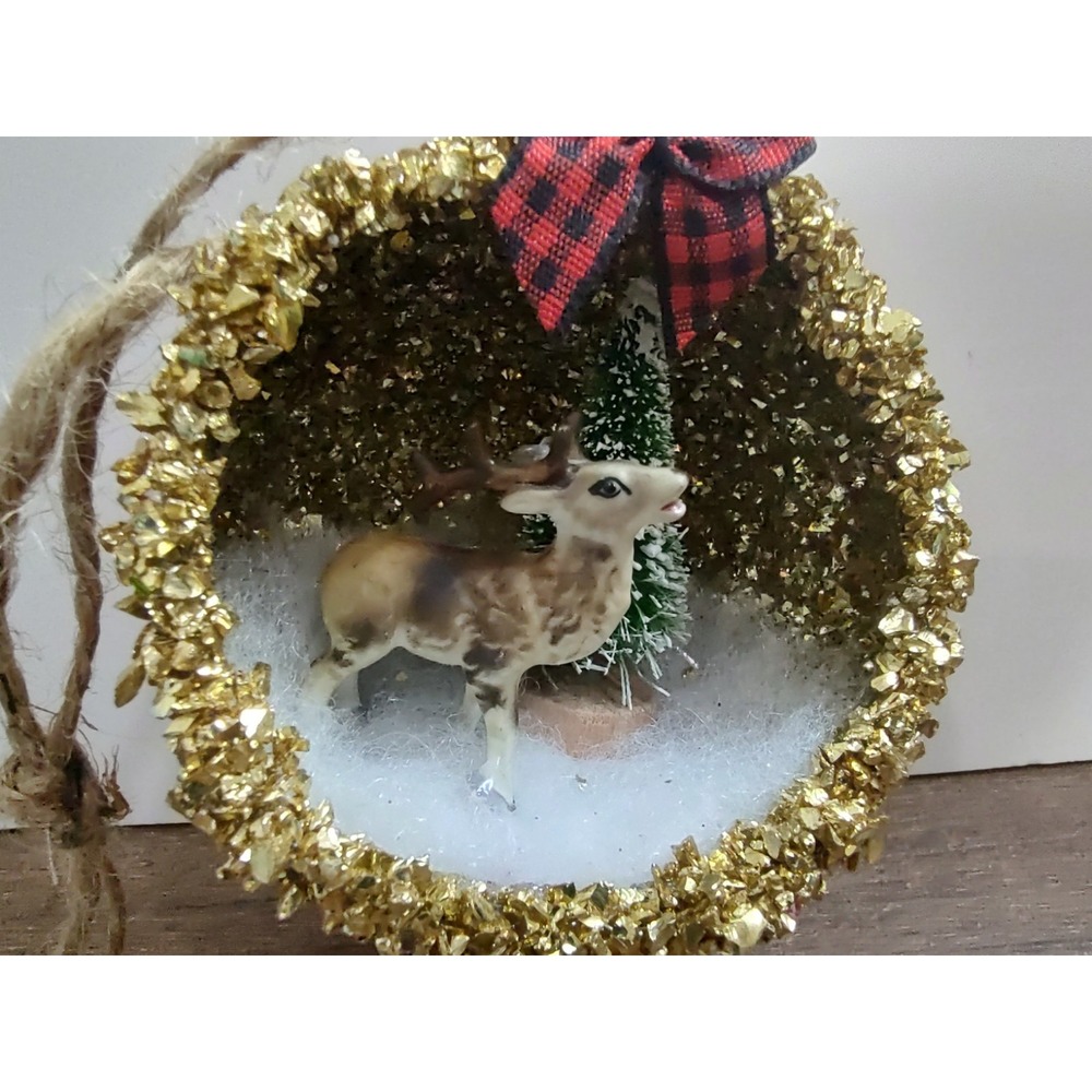 Elk Deer Claus Christmas Ornament Handmade OOAK VTG Style Diorama Gold Glitter